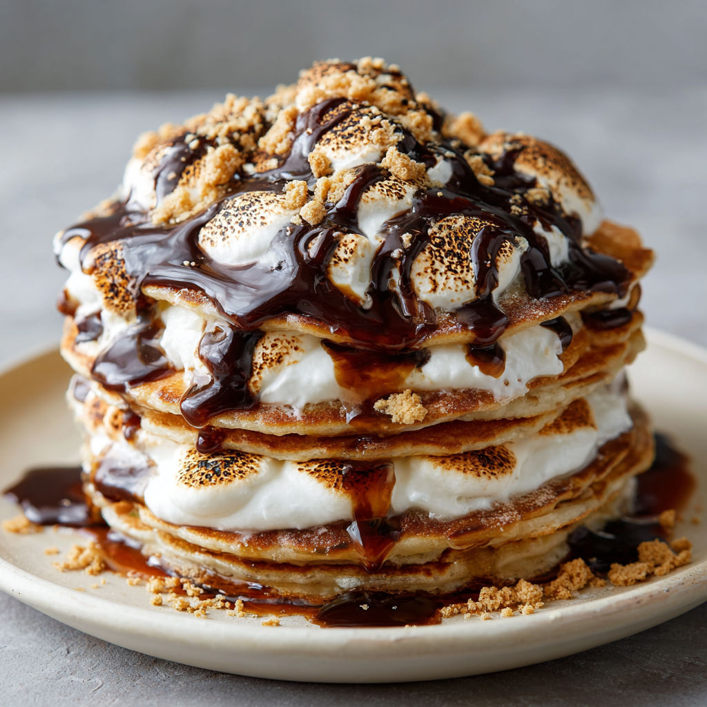 A stack of pancakes with chocolate sauce and marshmallows.