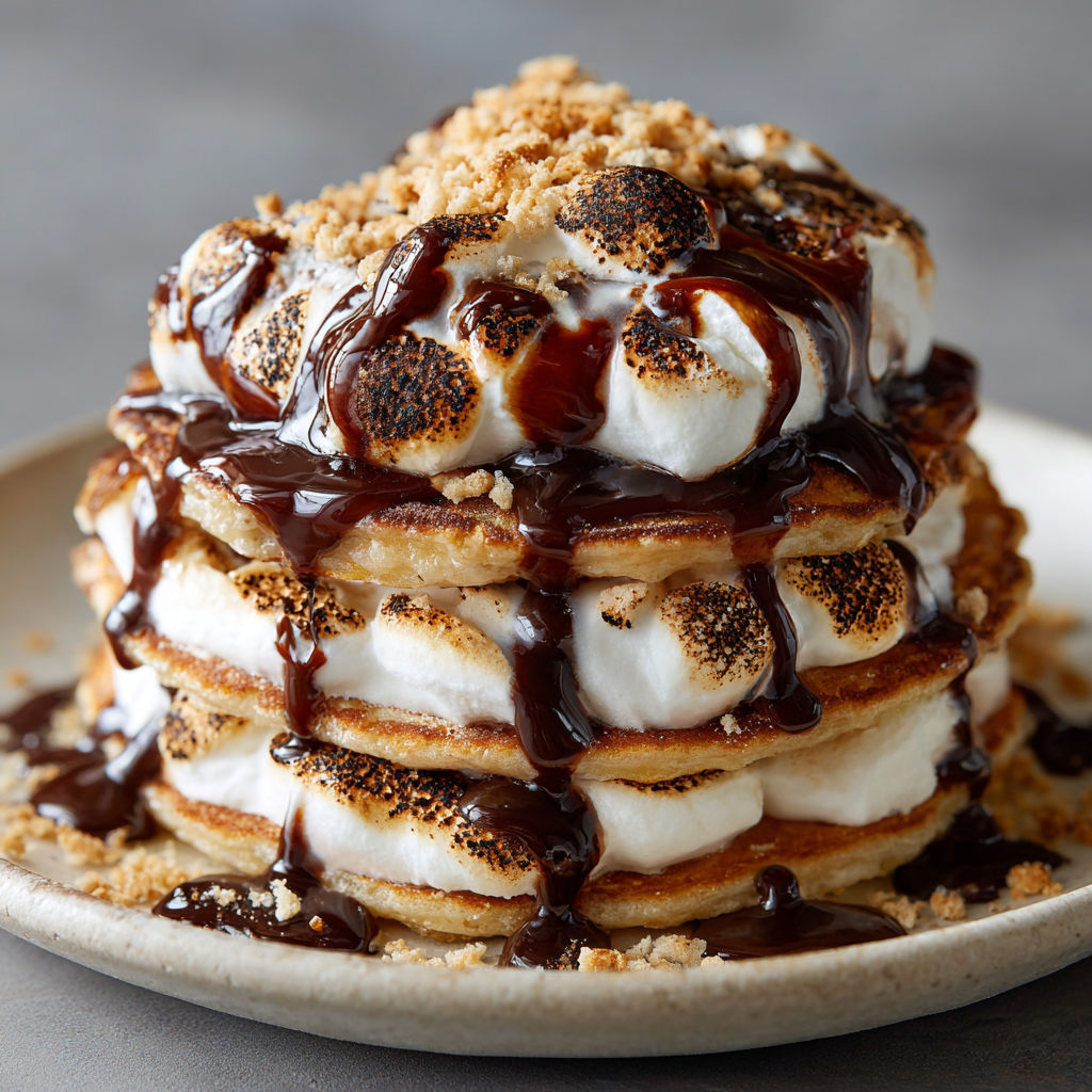 A stack of marshmallows with chocolate sauce drizzled on top.