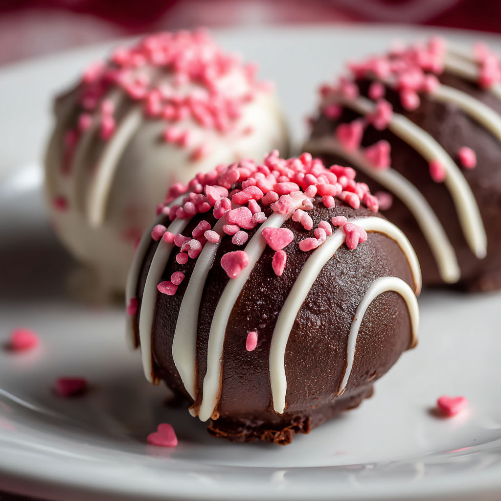 A plate with two chocolate covered cakes with pink frosting and sprinkles.