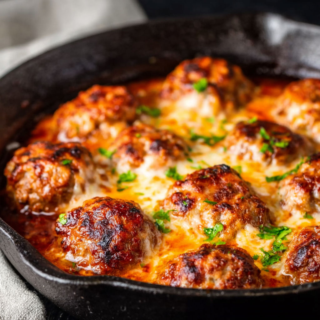 A pan of meatballs with cheese and sauce.
