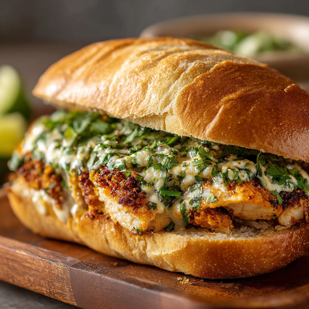 A sandwich with meat and cheese on a wooden cutting board.