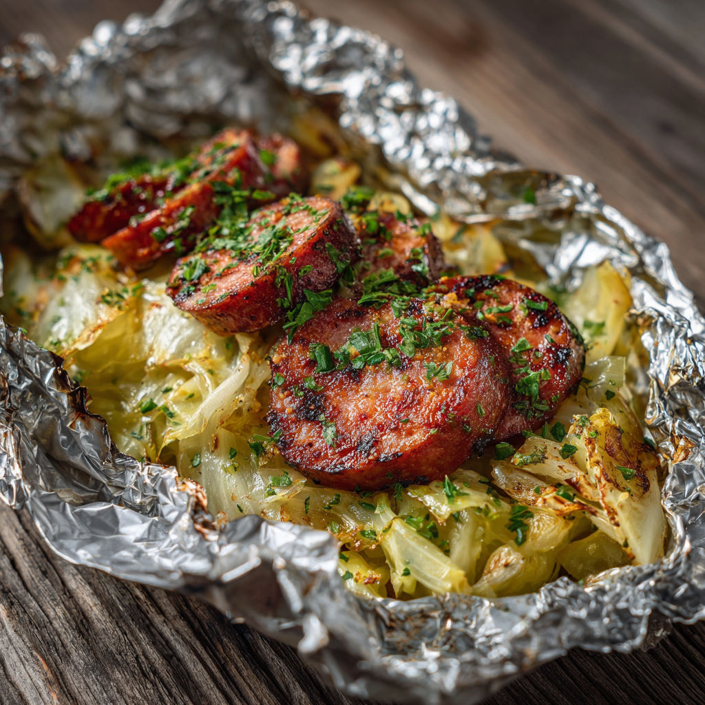 A foil wrapped dish with sausage and onions.