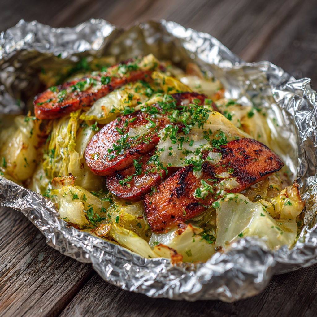 A foil wrapped dish with sausage and onions.