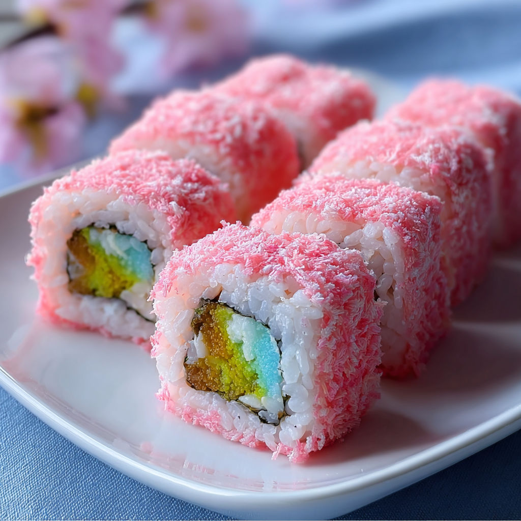 A plate of pink cotton candy sushi.
