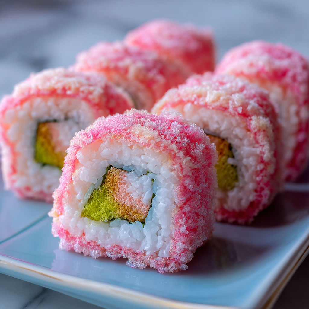A plate of pink cotton candy sushi.