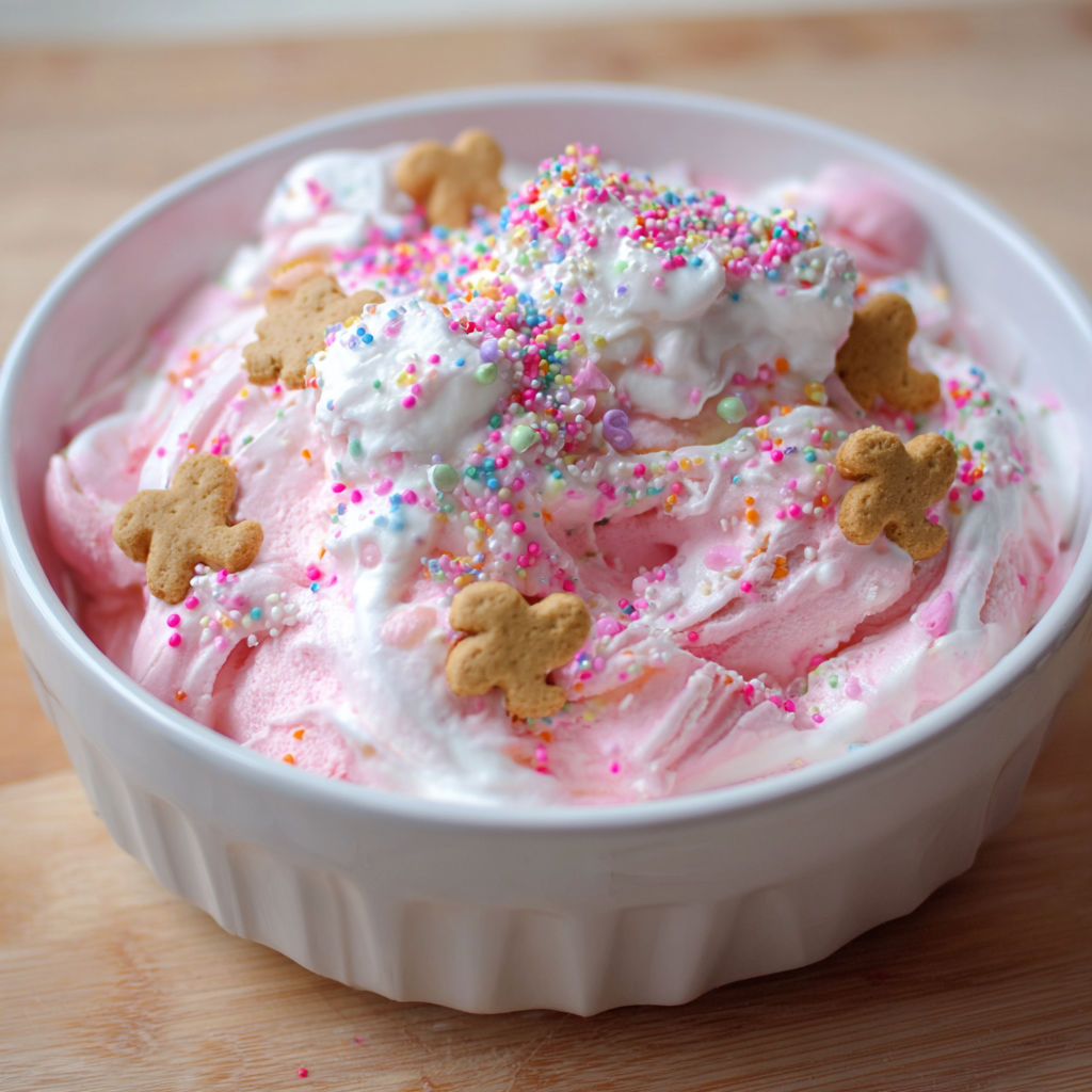 A bowl of ice cream with cookies on top.