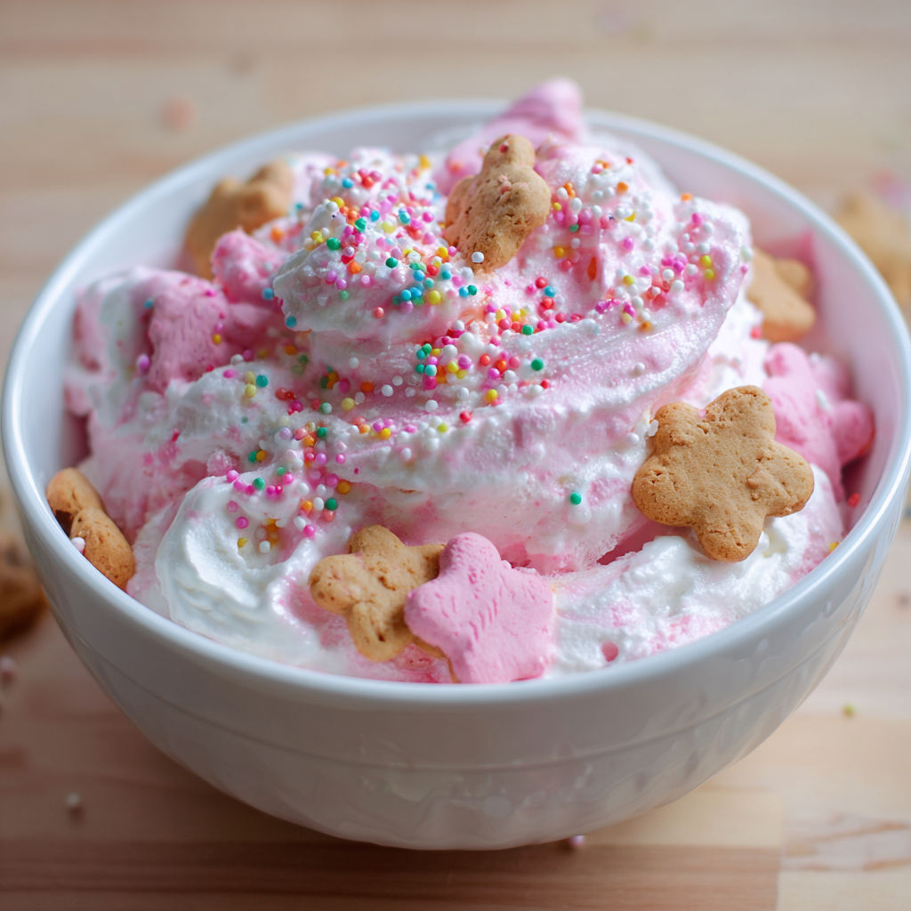 A bowl of pink and white frosting with sprinkles.