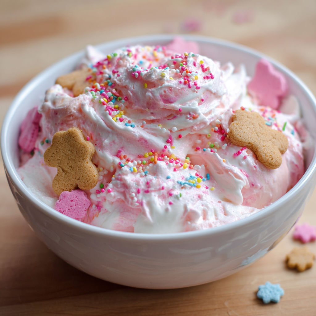 A bowl of pink frosting with cookies and sprinkles.