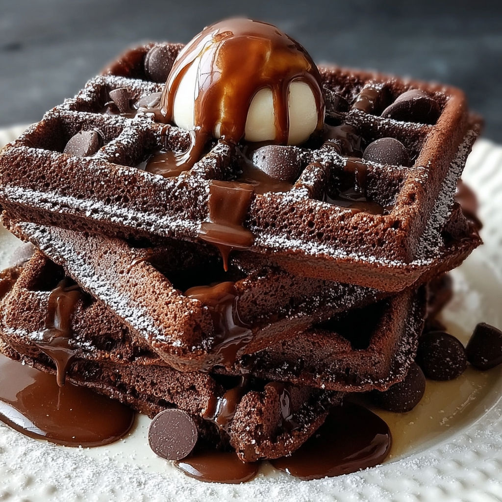 A stack of chocolate waffles with a chocolate sauce drizzle.