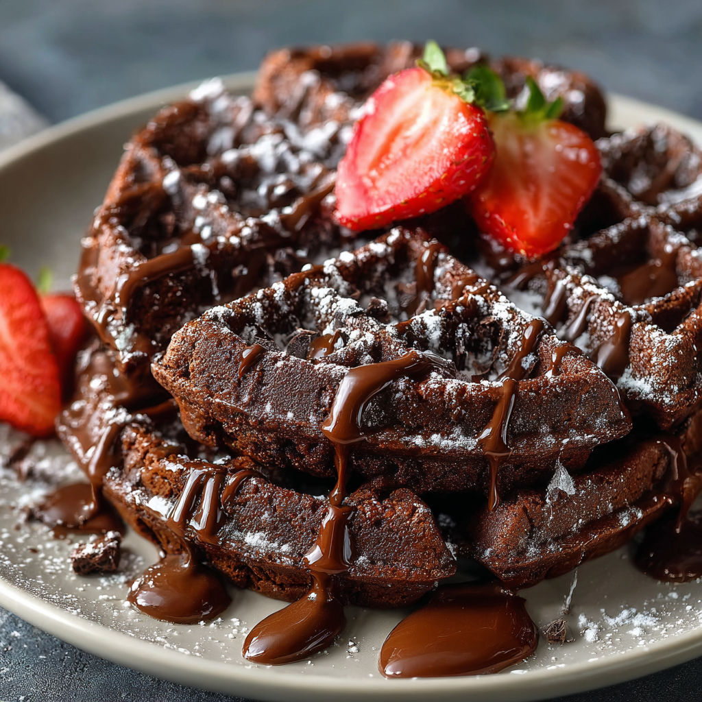 A plate of chocolate waffles with strawberries on top.