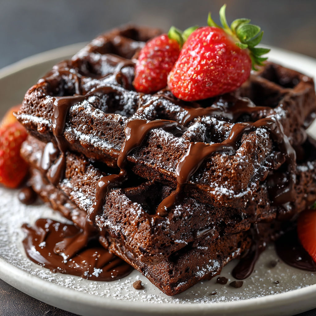A chocolate waffle with strawberries on top.