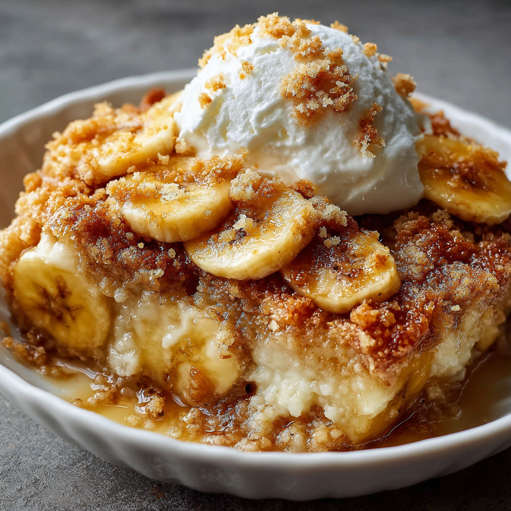 A bowl of banana cake with a scoop of ice cream on top.