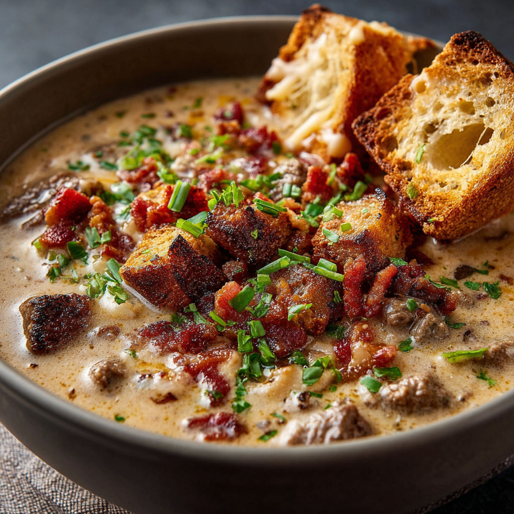 A bowl of soup with a piece of bread on top.