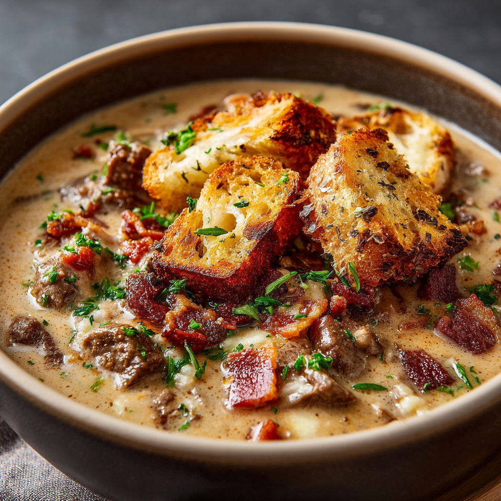 A bowl of soup with bread in it.