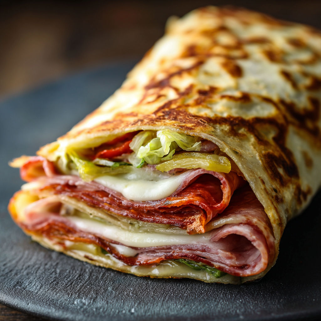 A low-carb Italian sub wrap with meat, cheese, and vegetables.