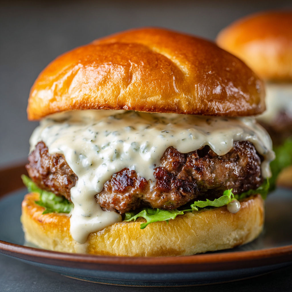 A burger with garlic sauce on top.