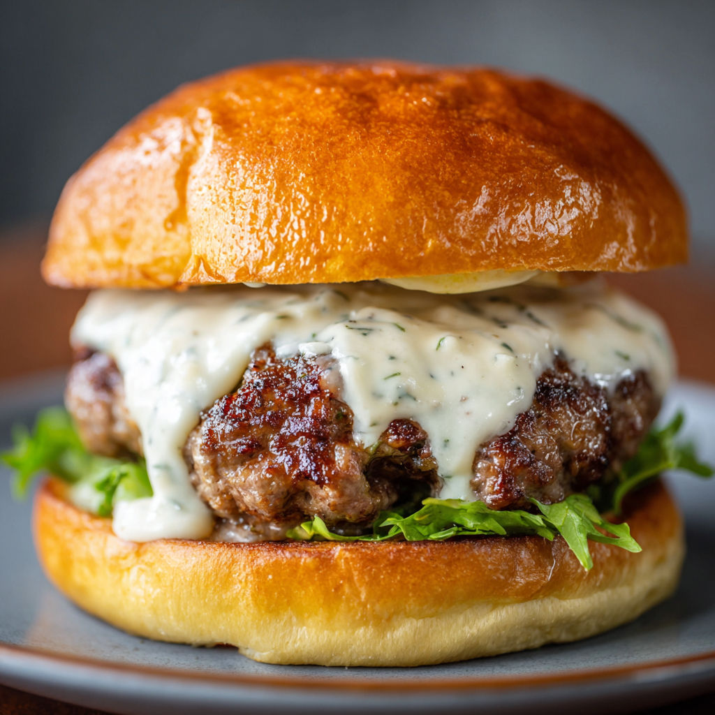 A burger with garlic sauce and lettuce.