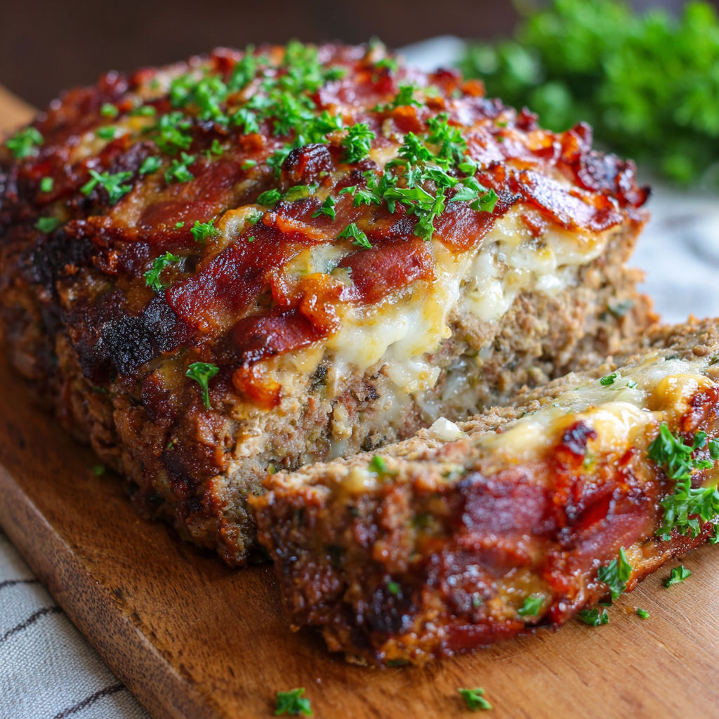 A slice of meatloaf with bacon and cheese.