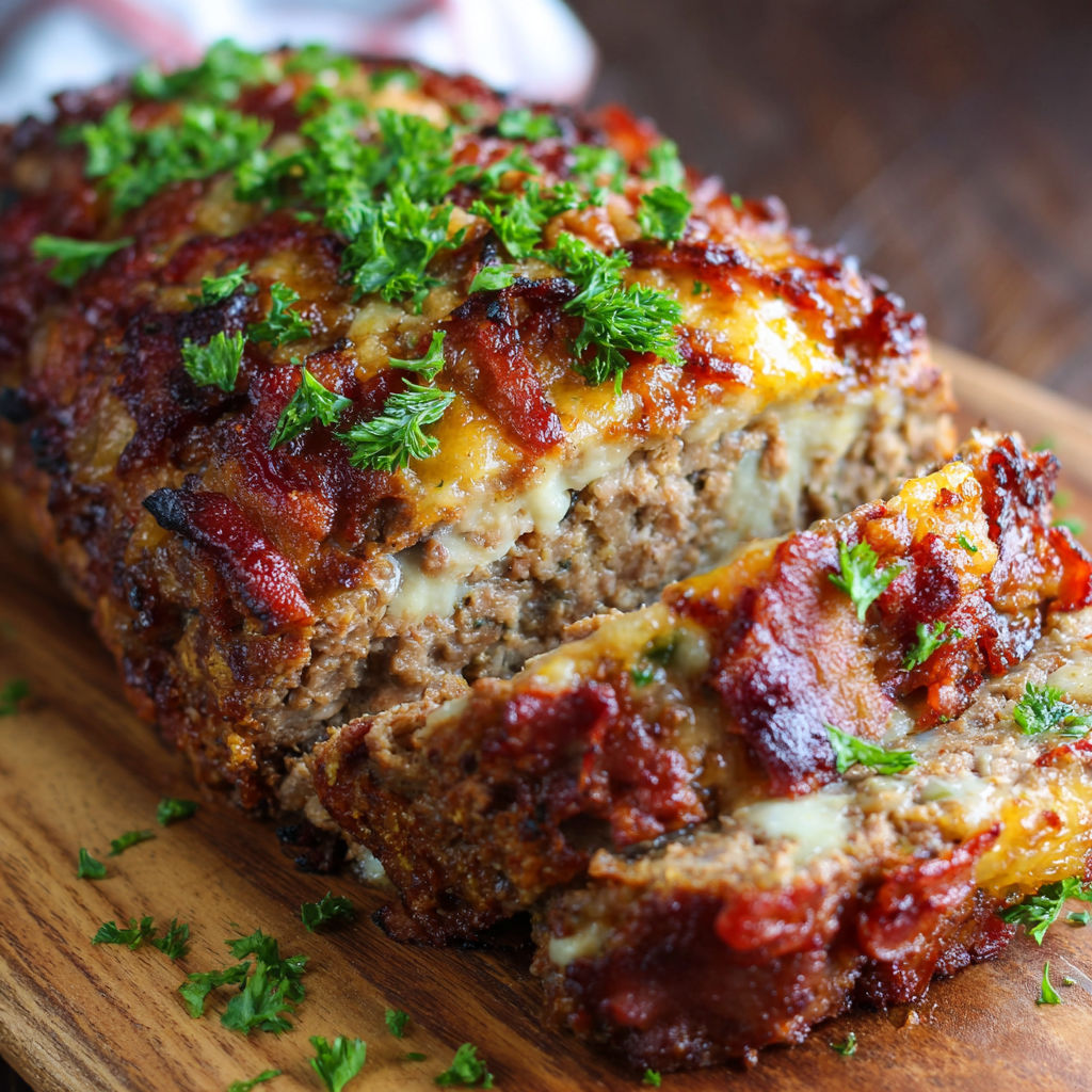 A slice of meat with cheese and bacon on top.
