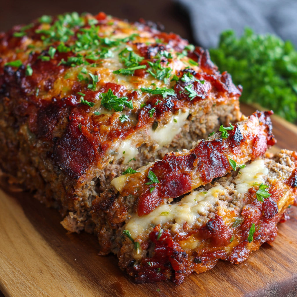 A close up of a meat dish with cheese and herbs.