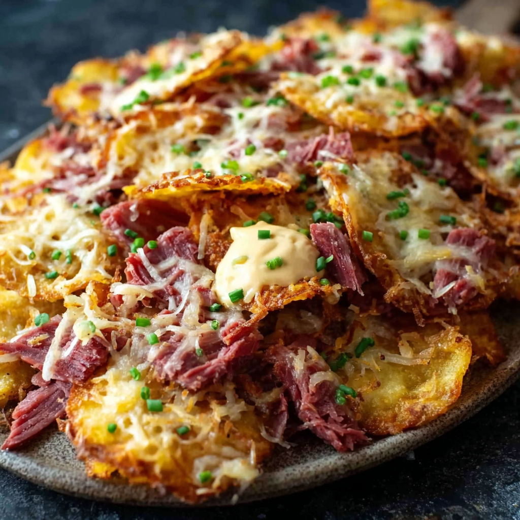 A plate of crispy Irish nachos with corned beef and sauerkraut.
