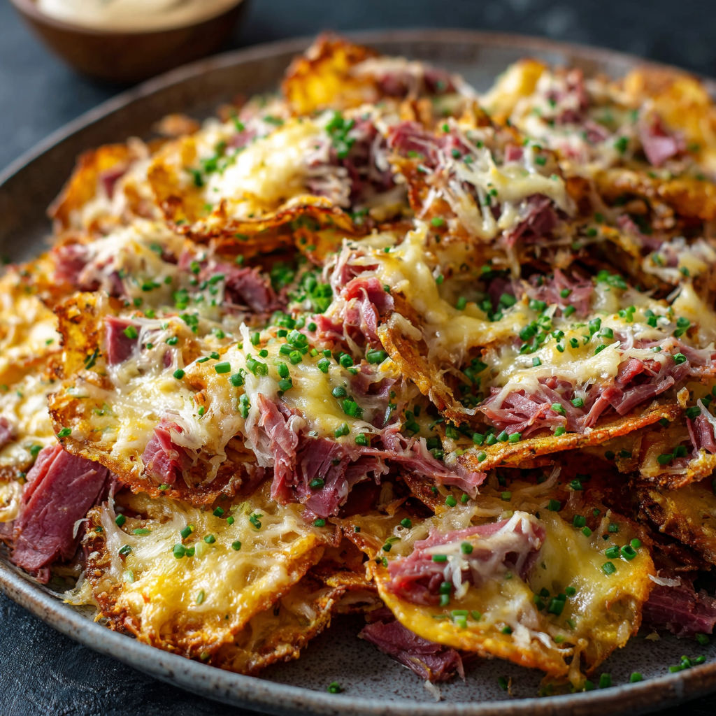 A plate of meat and cheese covered chips.