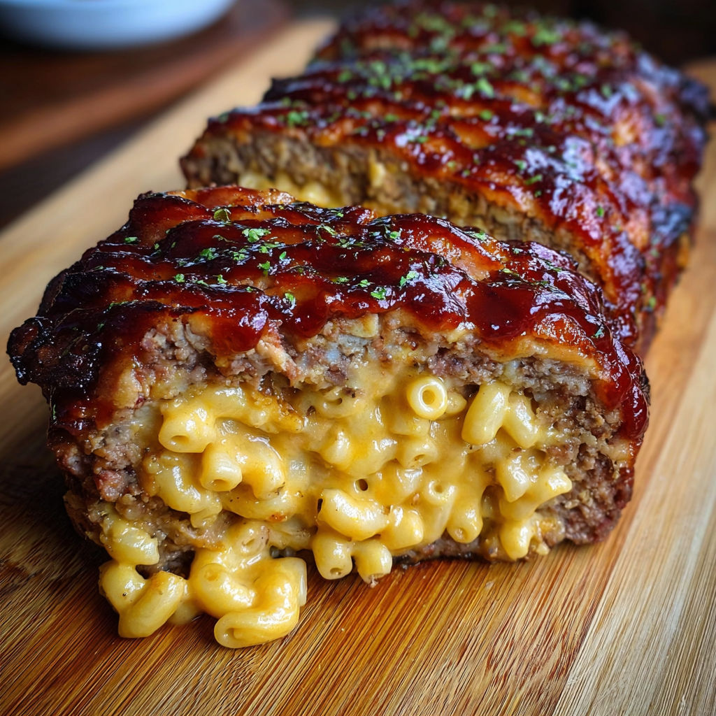 A delicious meal of bacon, mac and cheese, and meatloaf.