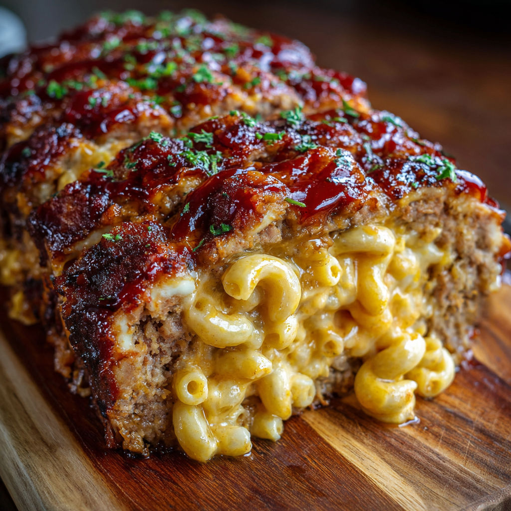A delicious looking meatloaf with mac and cheese inside.