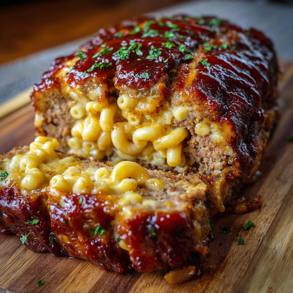 A slice of meatloaf with mac and cheese inside.