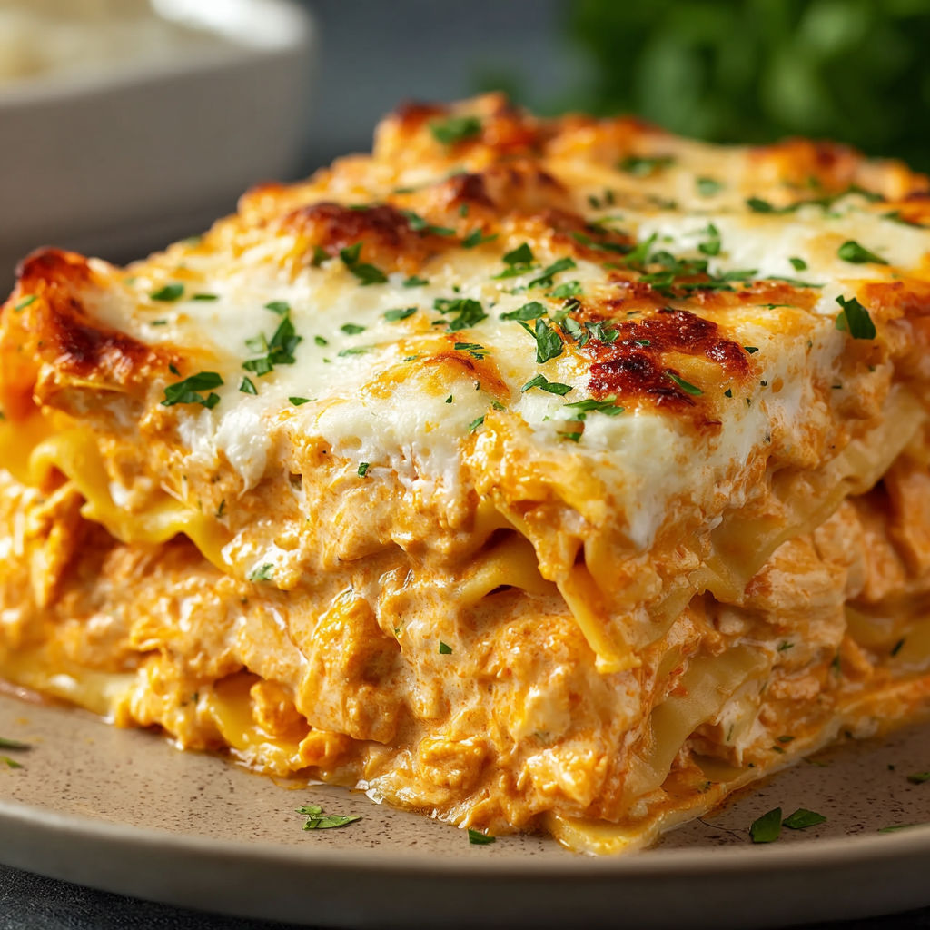 A plate of cheesy buffalo ranch chicken lasagna.