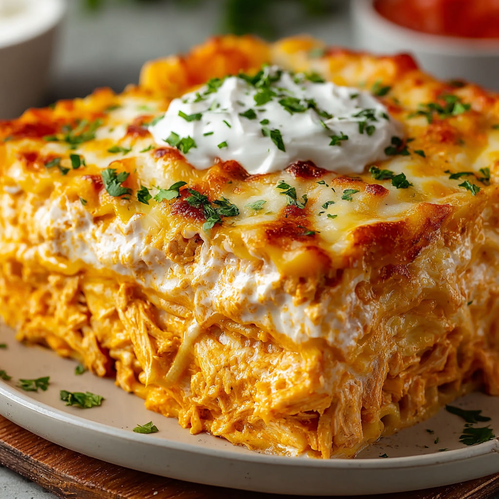 A large piece of food with a white topping.