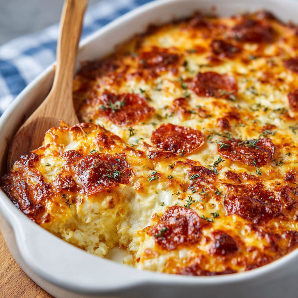 A cheesy white pizza casserole in a white bowl.