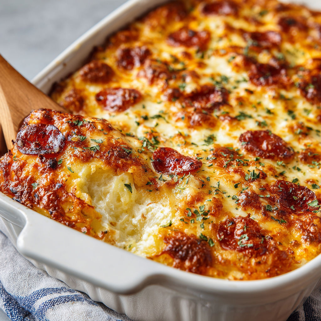 A dish of food with pepperoni and cheese.