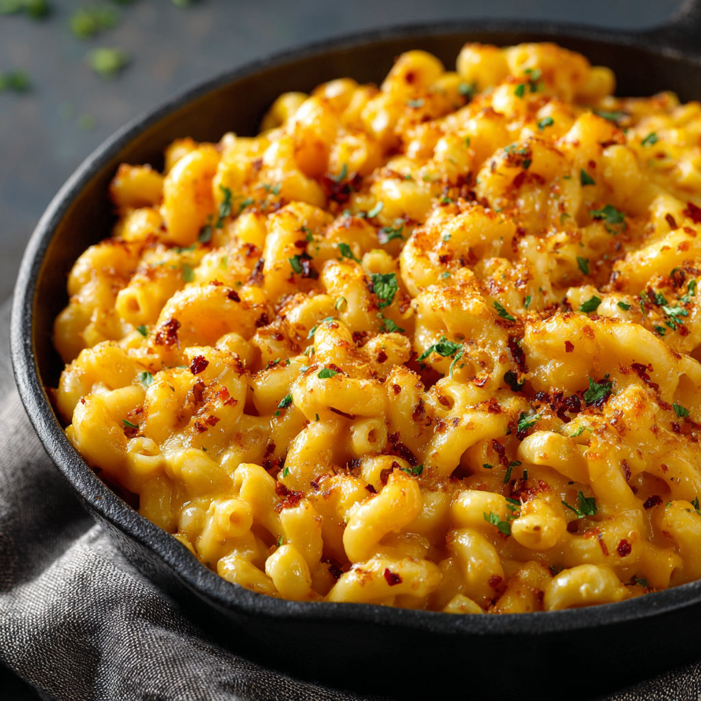 A pan of macaroni and cheese.