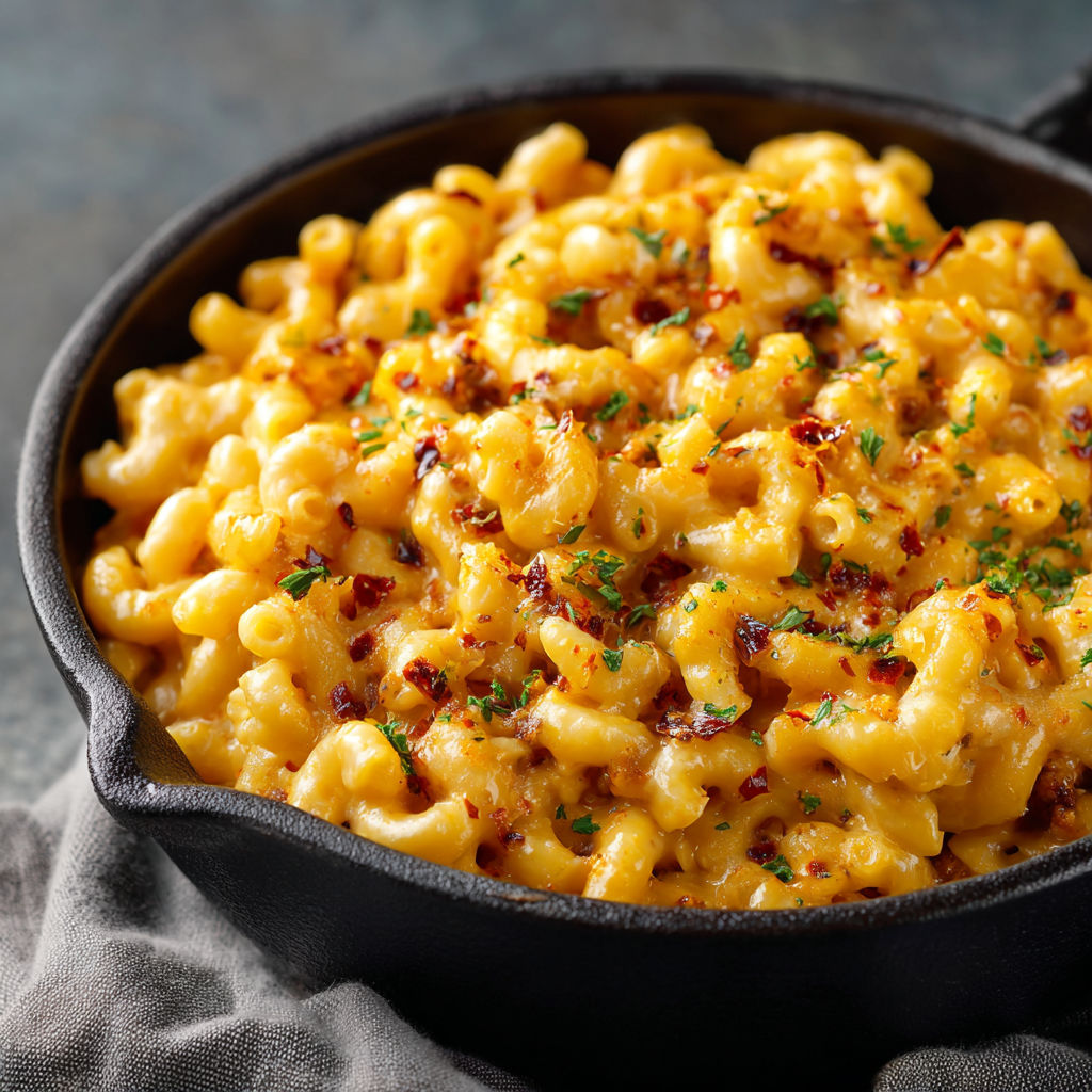 A bowl of macaroni and cheese.