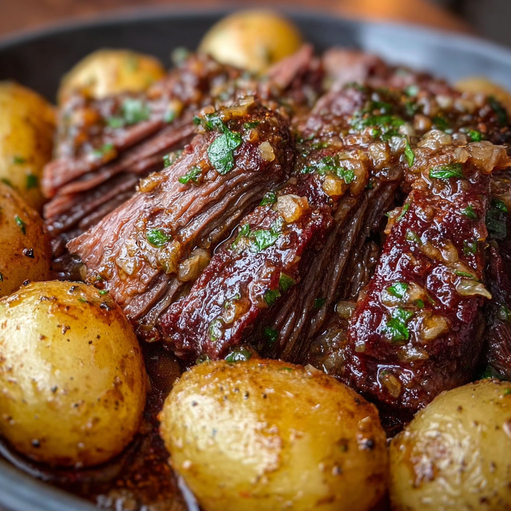 A close up of a slow cooker meal with beef, potatoes, and garlic butter.