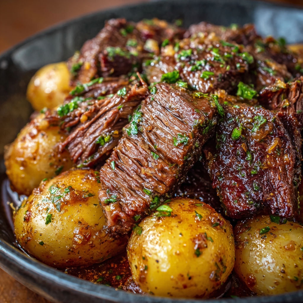 A bowl of meat and potatoes.