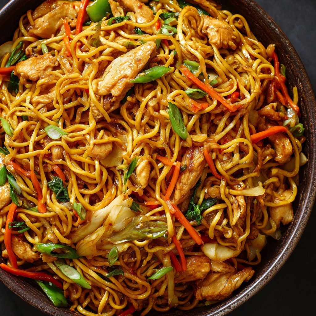 A bowl of chinese food with noodles and meat.