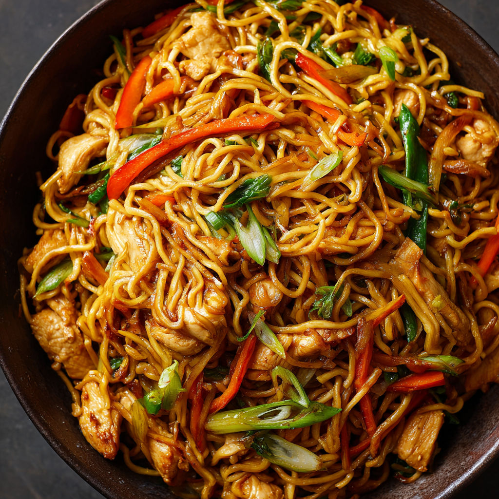 A bowl of noodles with chicken and vegetables.