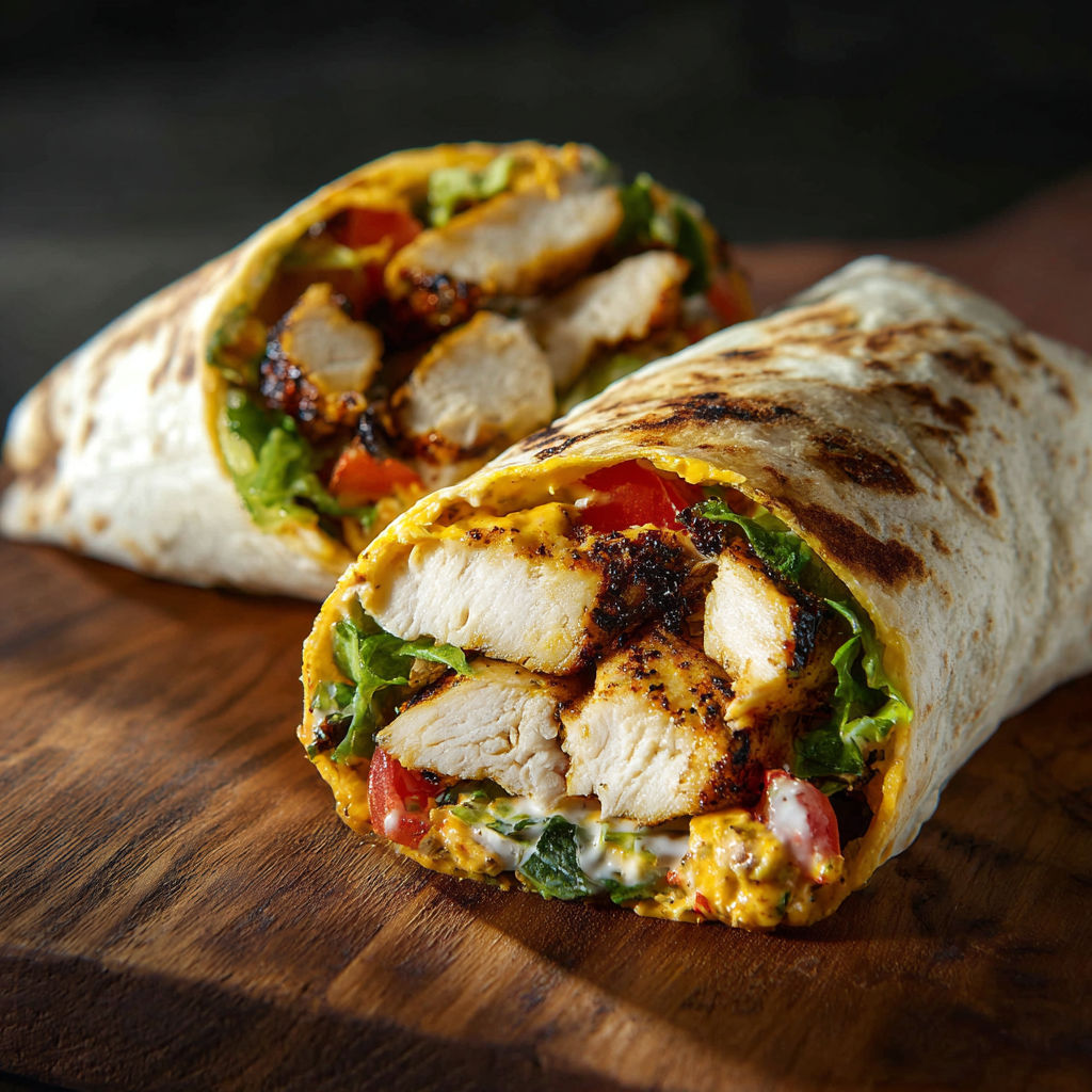 A chicken burrito with tomatoes and lettuce.