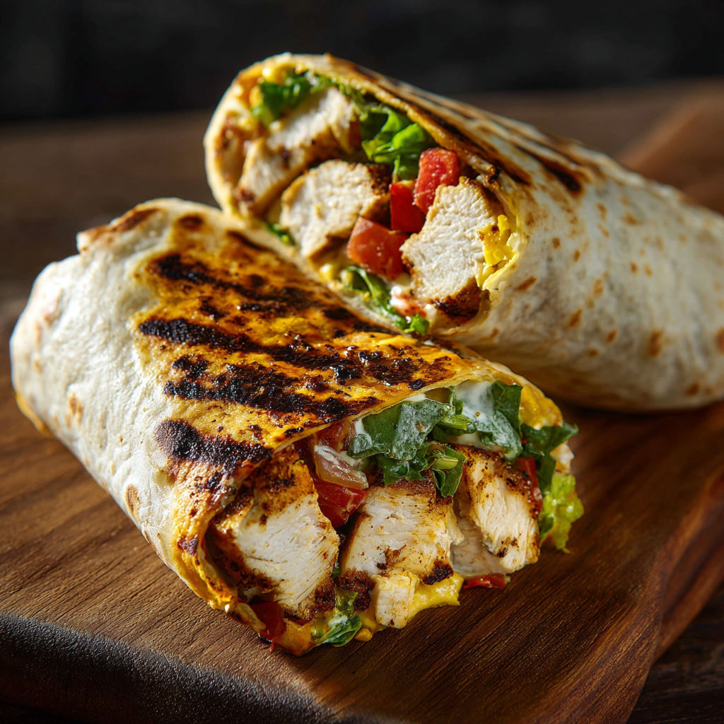 A burrito with chicken, tomatoes, lettuce, and cheese.
