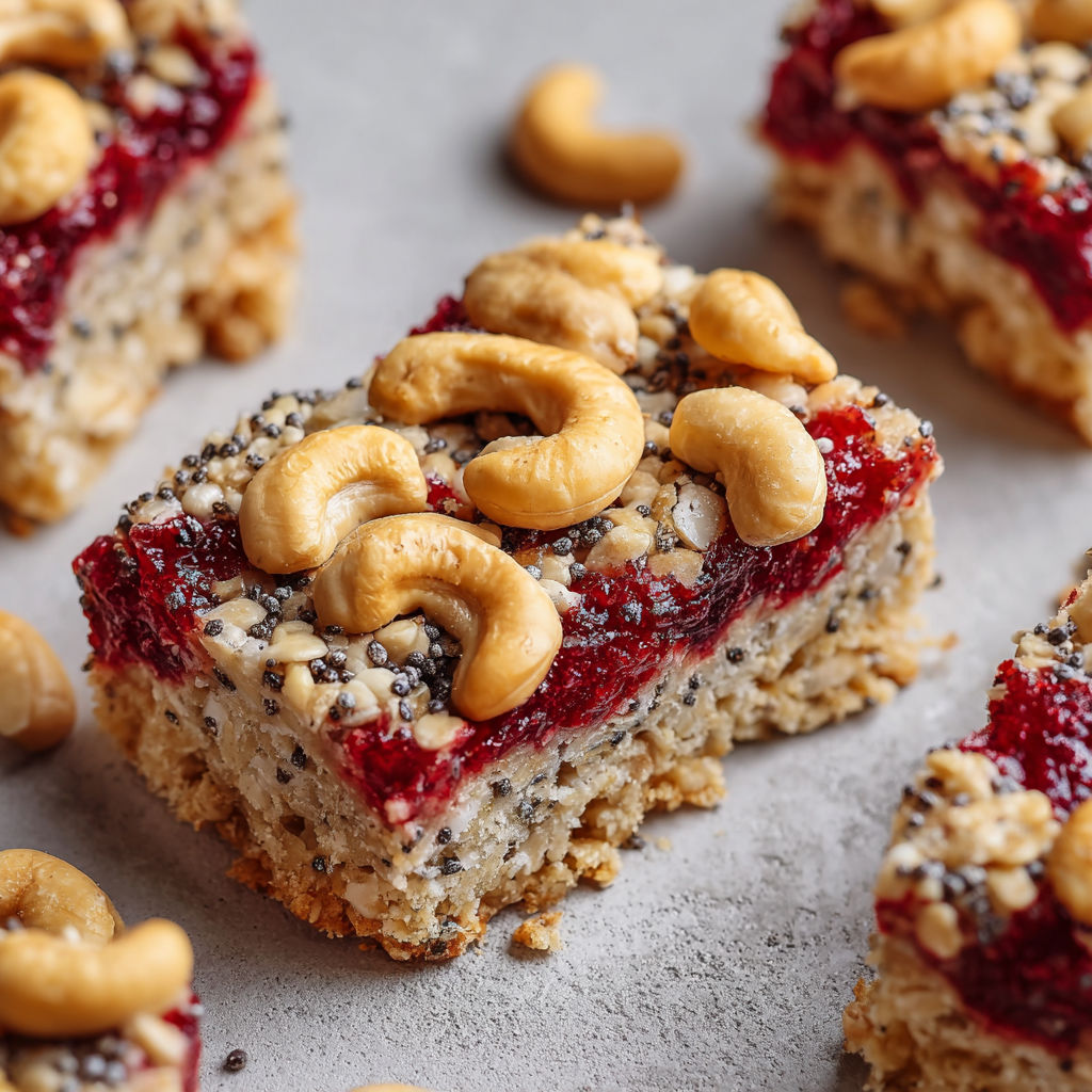 A close up of a healthy breakfast bar with nuts and berries.