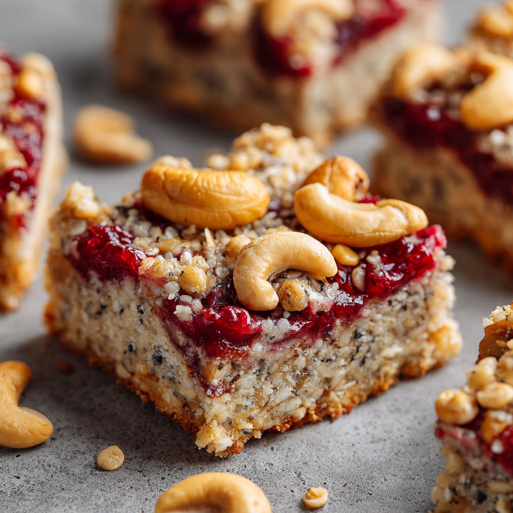 A close up of a healthy breakfast bar with nuts and berries.