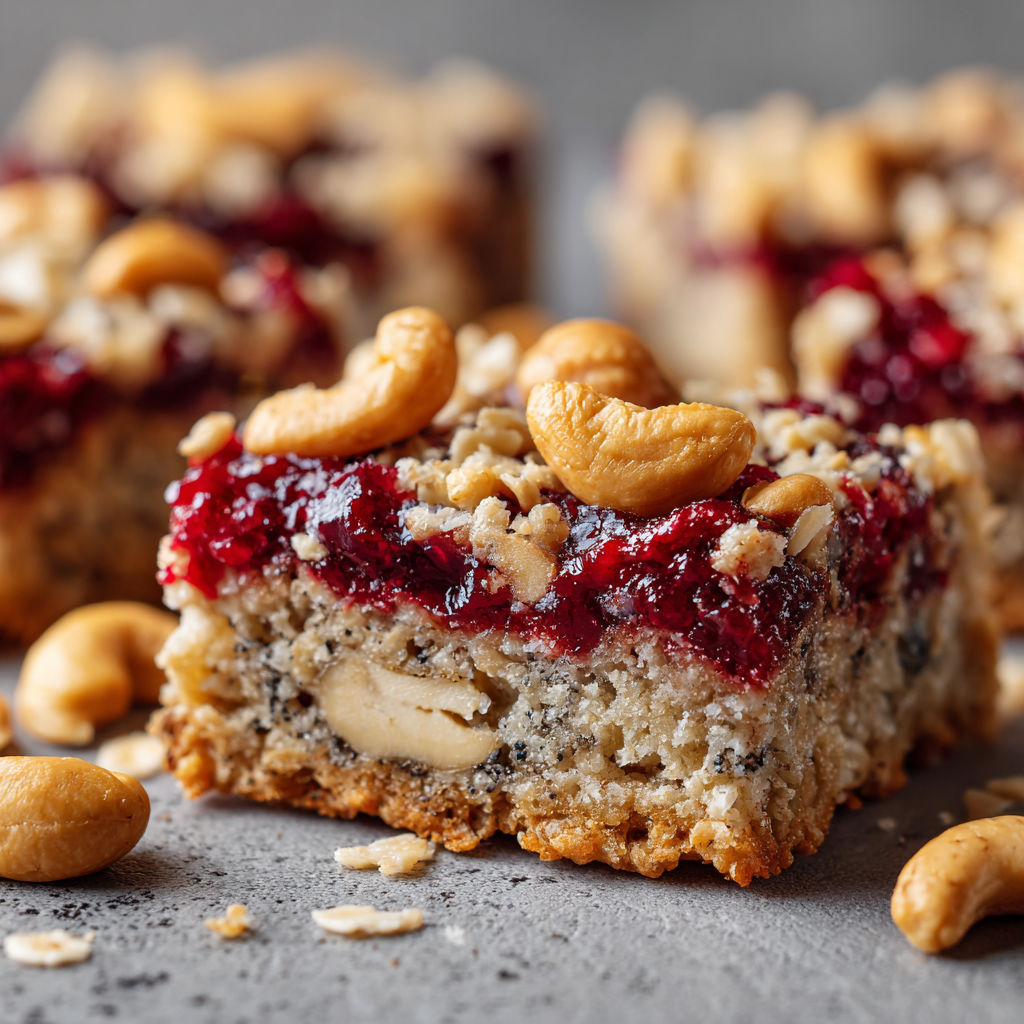 A close up of a healthy breakfast bar with nuts and berries.