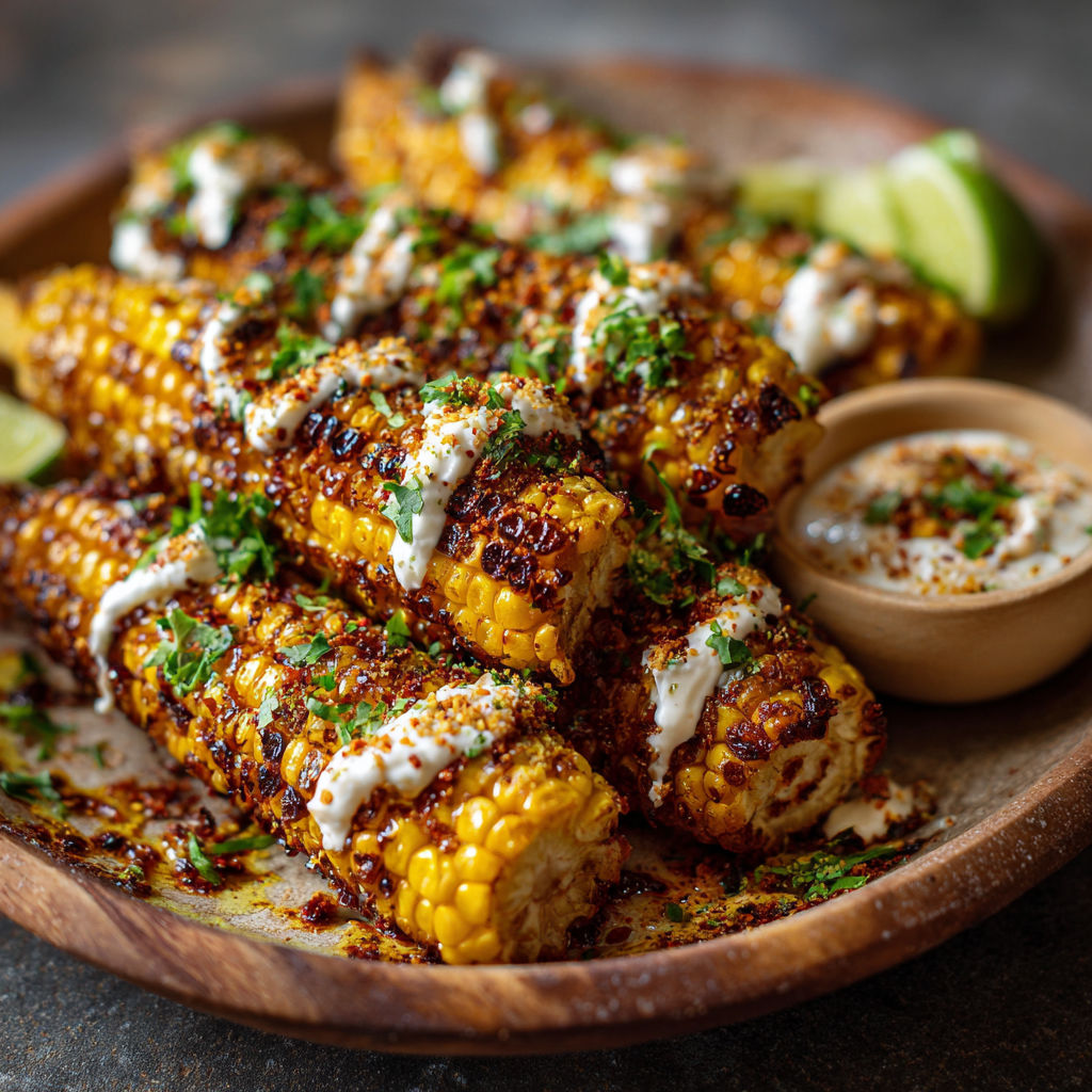 A plate of vegan corn ribs with aleppo chili butter and lime zest cream cheese.