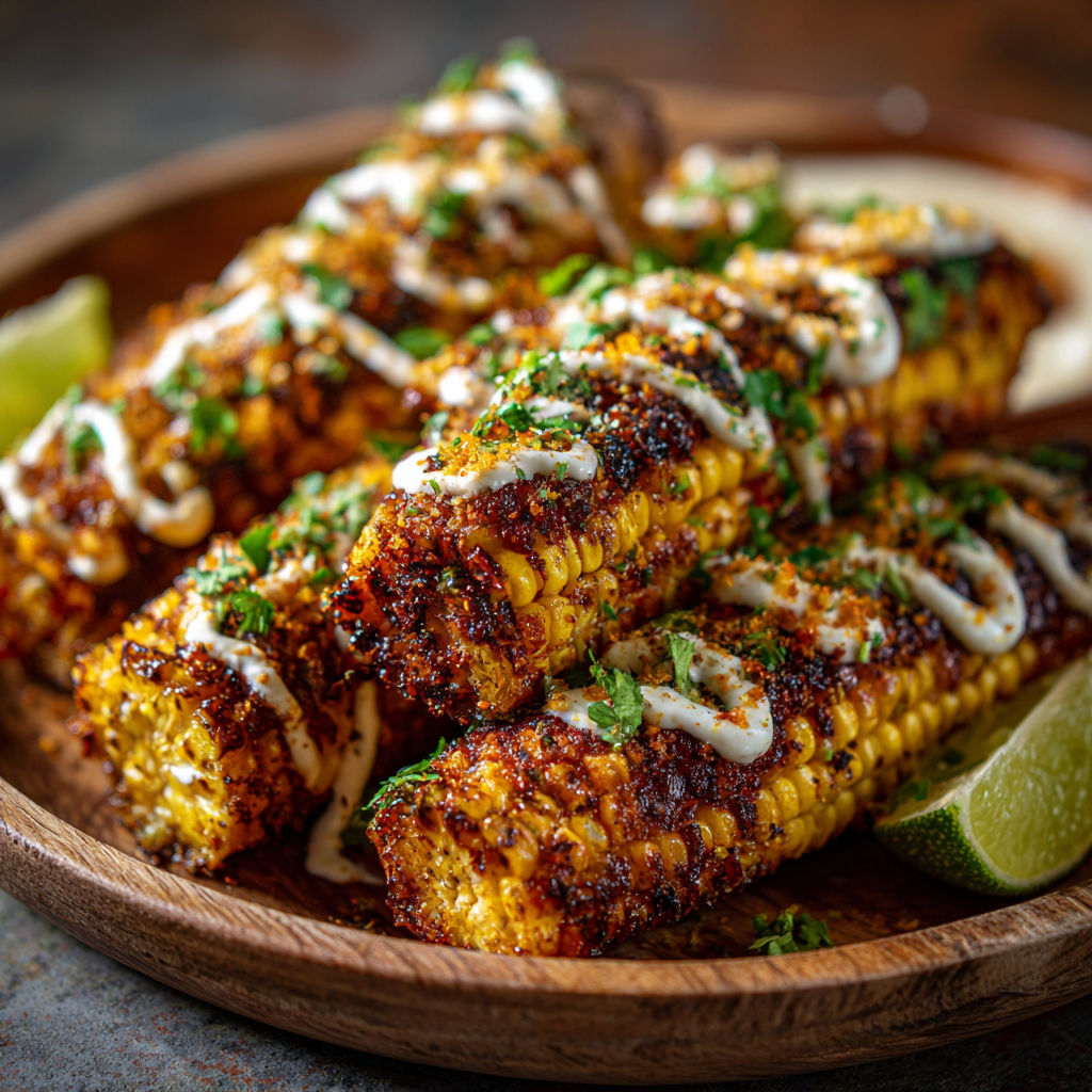 A plate of grilled corn with white sauce.