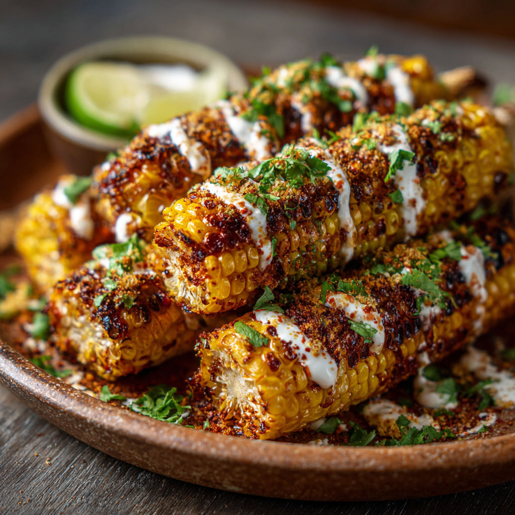 A plate of corn with white sauce and lime.