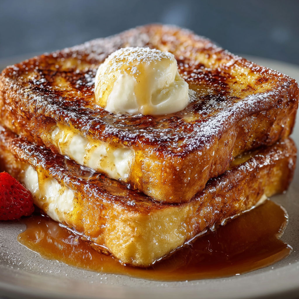 French toast with a dollop of whipped cream.
