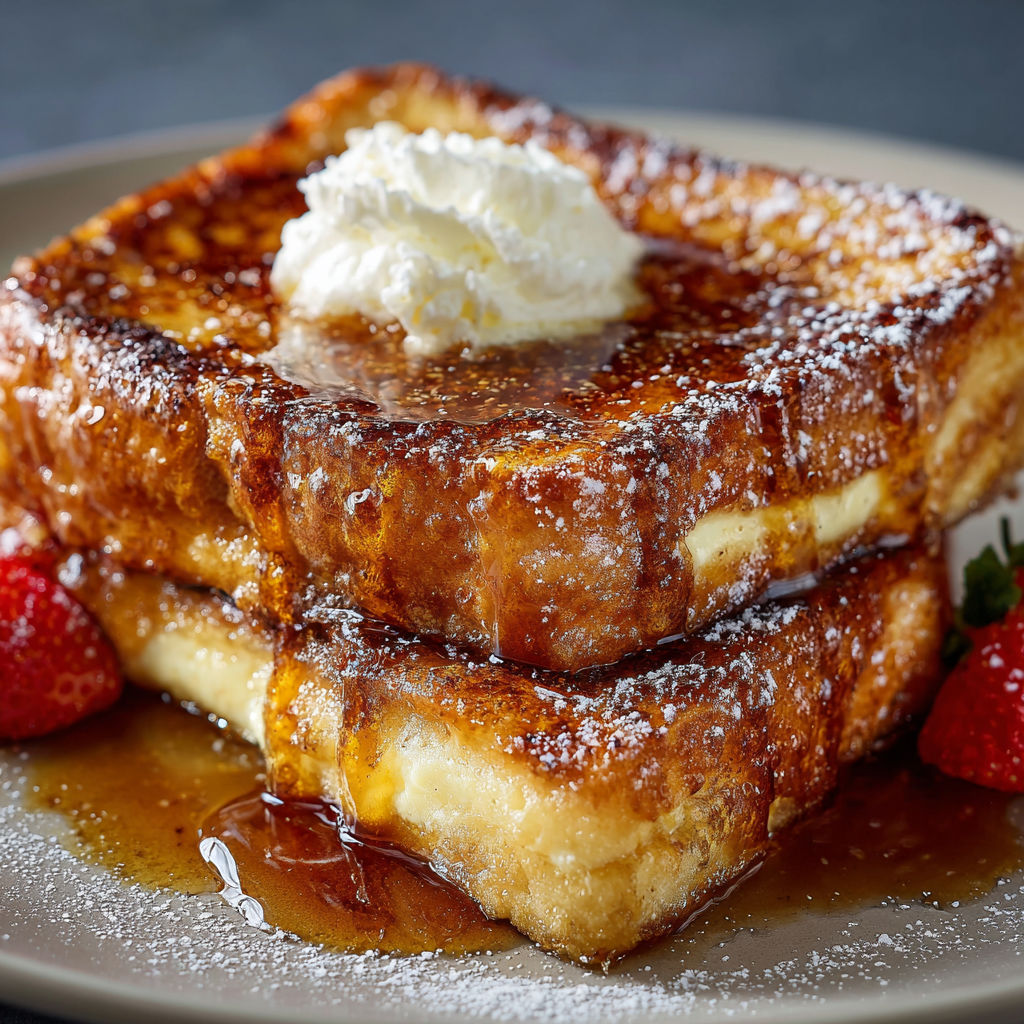 A stack of French toast with powdered sugar and a strawberry on top.