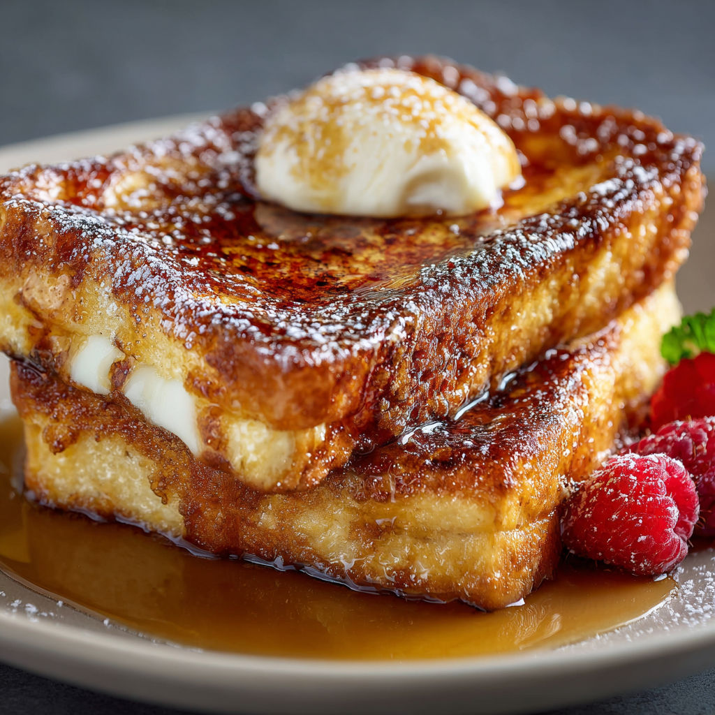 A stack of French toast with powdered sugar and a raspberry on top.